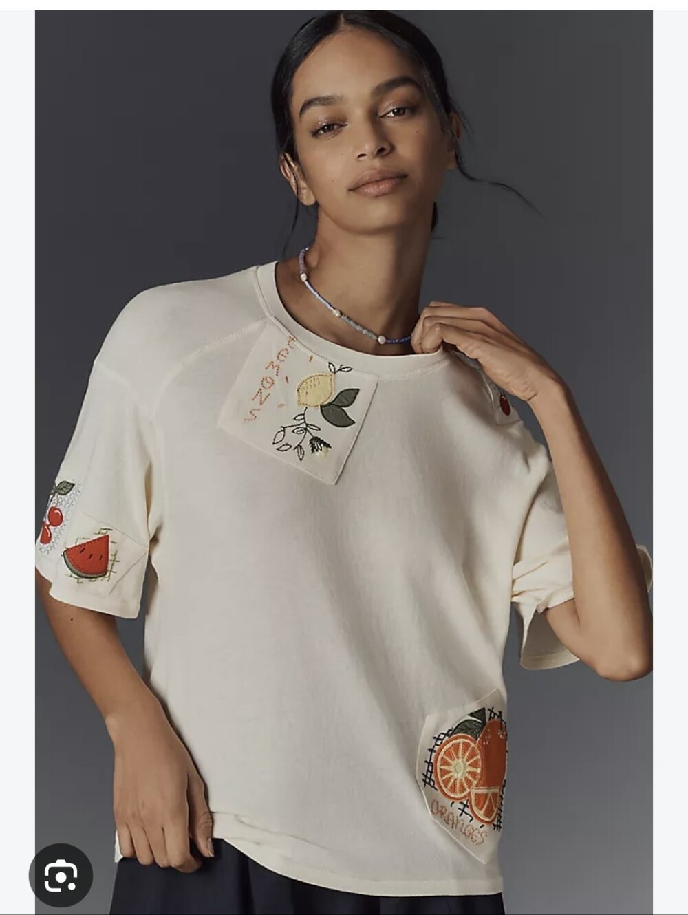 Maeve/Anthropologie Cream Short-Sleeve Top with Embroidered Fruit Patch Sz.XS
